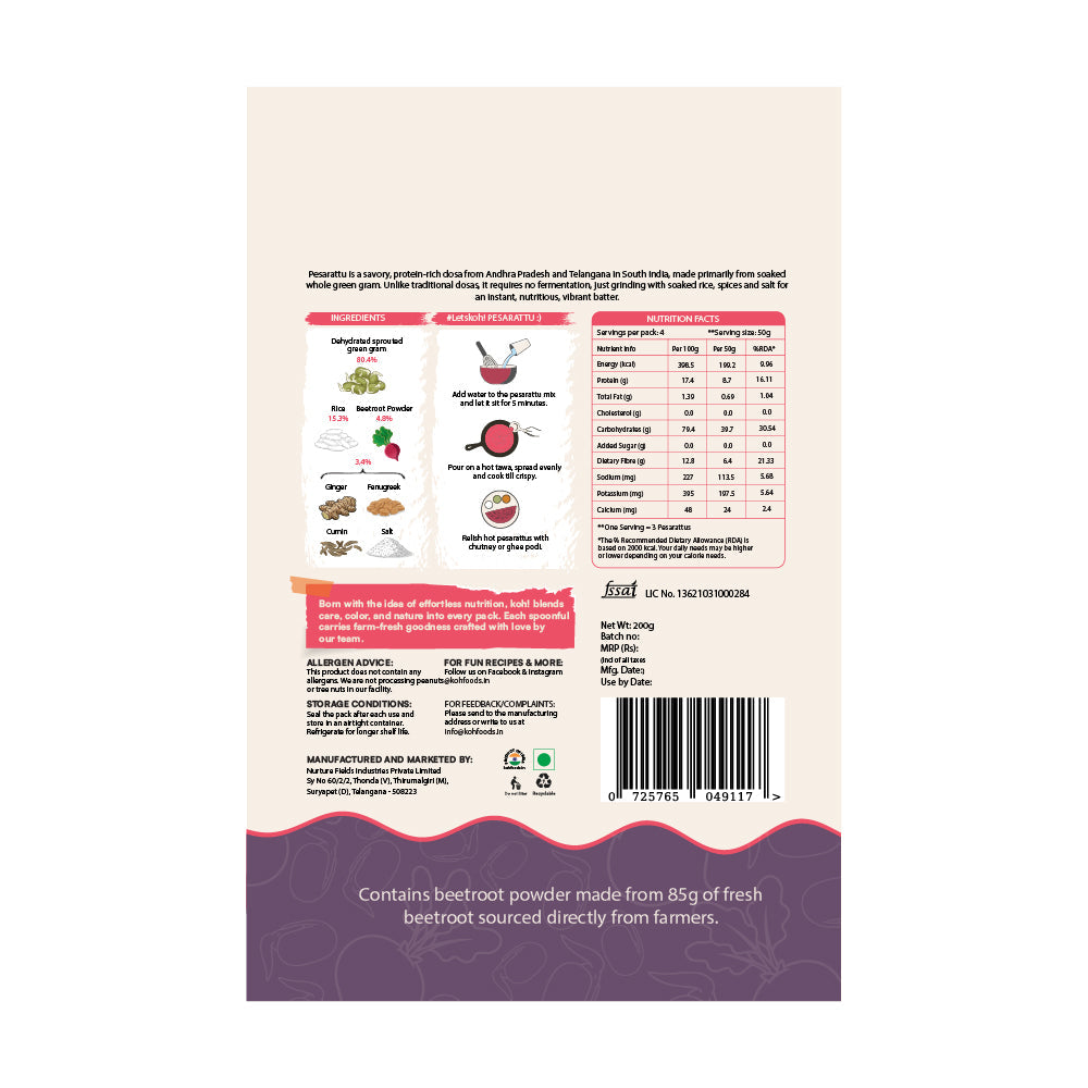 Beetroot Pesarattu Mix | Sprouted Moong Dal | 200g