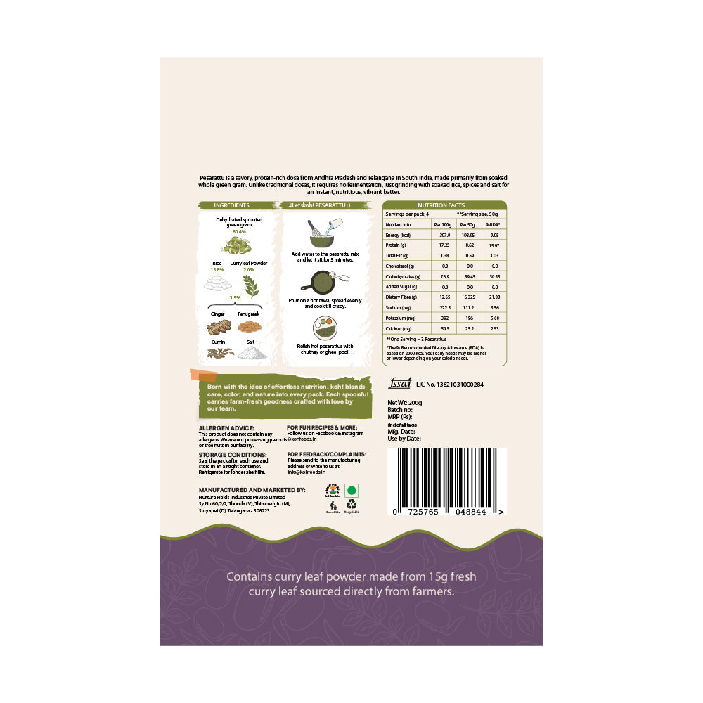 Curry Leaf Pesarattu Mix | Sprouted Moong Dal | 200g