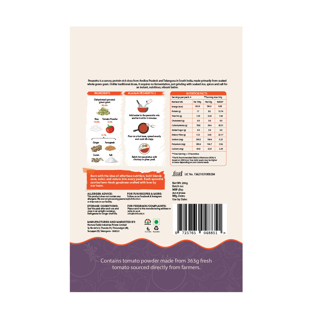 Tomato Pesarattu Mix | Sprouted Moong Dal | 200g