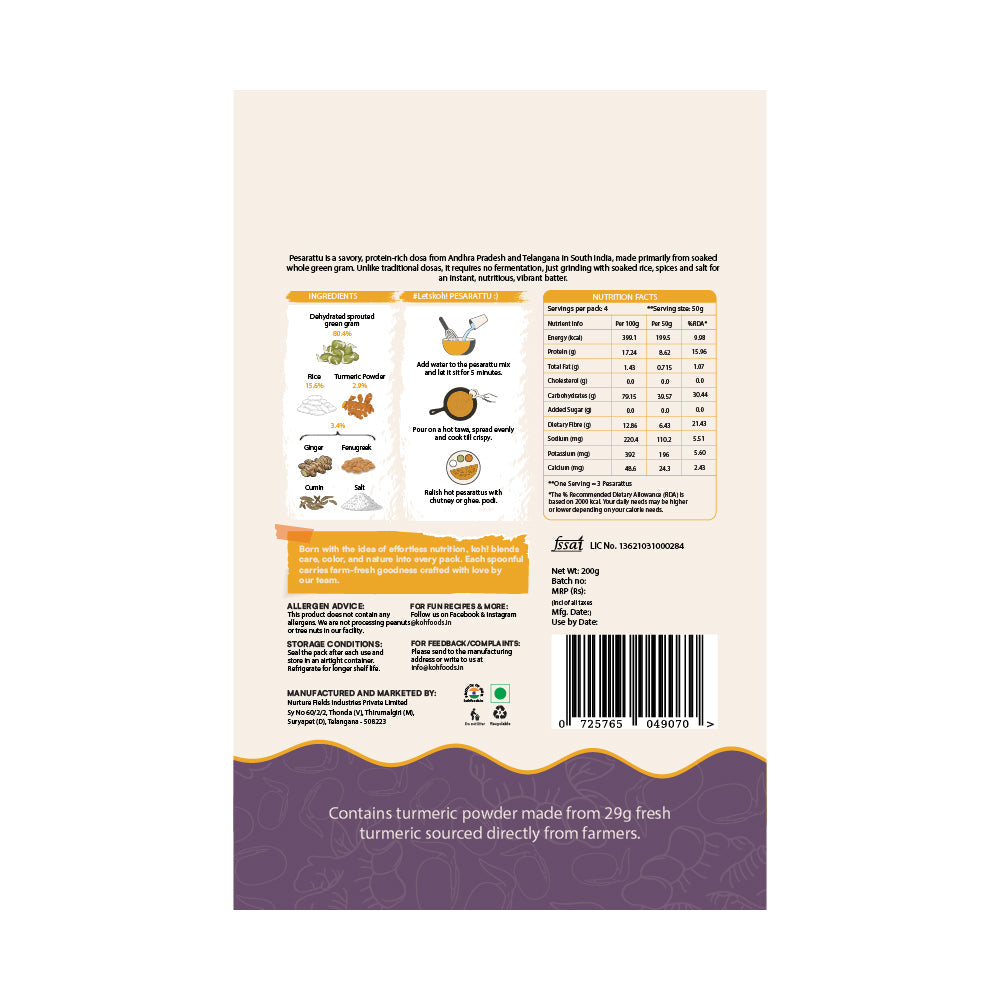Turmeric Pesarattu Mix | Sprouted Moong Dal | 200g